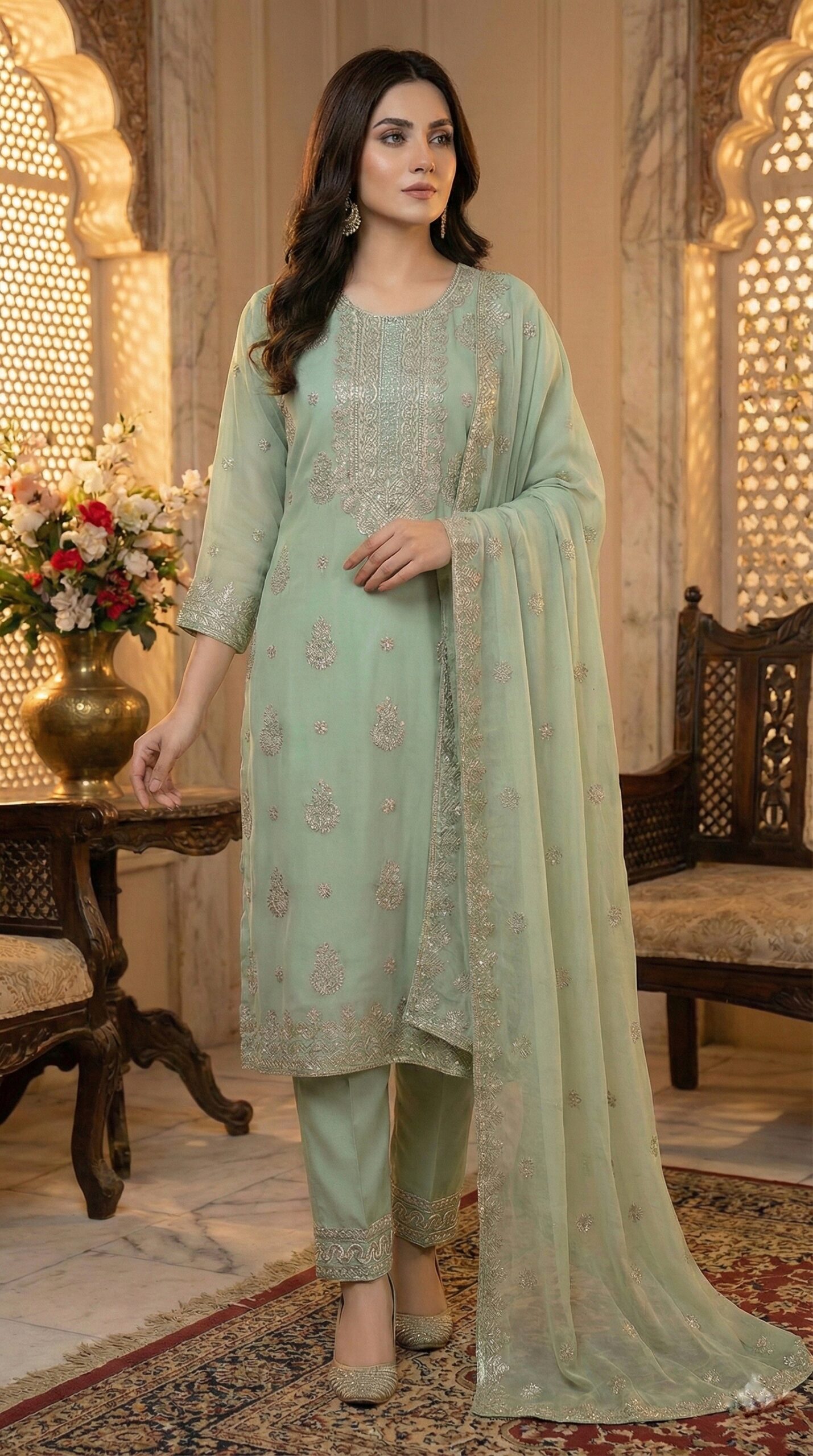 Gemini_Generated_Image_wo1w47wo1w47wo1w (1) Elegant Sage Green Georgette Salwar Kameez with Silver Sequin & Zari Embroidery - Image 1