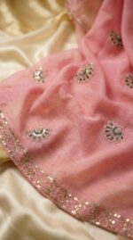 Pink Textured Organza Salwar Kameez with Navy Blue Embroidery & Scalloped Hem | 3-Piece Festive Suit Set - Image 4