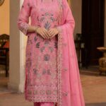Pink Textured Organza Salwar Kameez with Navy Blue Embroidery & Scalloped Hem | 3-Piece Festive Suit Set