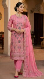 Pink Textured Organza Salwar Kameez with Navy Blue Embroidery & Scalloped Hem | 3-Piece Festive Suit Set