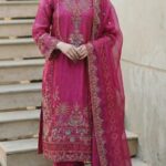 Women's Magenta Silk Salwar Suit - Full Embroidery & Cutwork Sleeves - 3 Piece Set