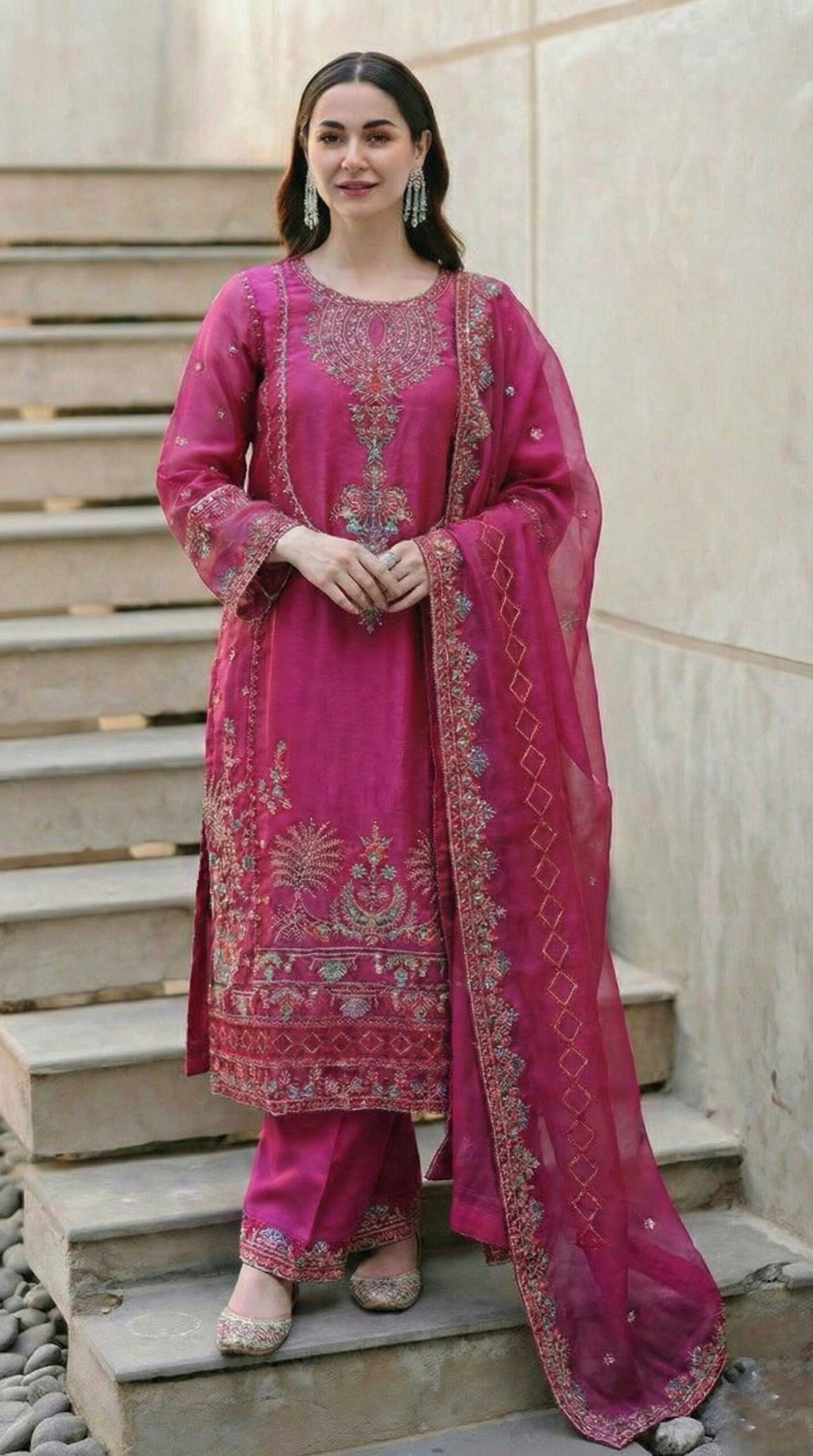 Pakistani Dress Original Women's Magenta Silk Salwar Suit - Full Embroidery & Cutwork Sleeves - 3 Piece Set - Image 1