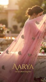 Pink Textured Organza Salwar Kameez with Navy Blue Embroidery & Scalloped Hem | 3-Piece Festive Suit Set - Image 5