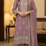 Women's Dusty Mauve Georgette Salwar Kameez with Intricate Zari and Sequin Embroidery