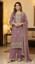 Women's Dusty Mauve Georgette Salwar Kameez with Intricate Zari and Sequin Embroidery
