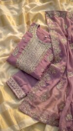 Women's Dusty Mauve Georgette Salwar Kameez with Intricate Zari and Sequin Embroidery - Image 3