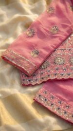 Pink Textured Organza Salwar Kameez with Navy Blue Embroidery & Scalloped Hem | 3-Piece Festive Suit Set - Image 2